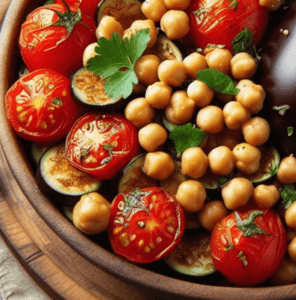 Auberginen Tomaten Salat mit Kichererbsen