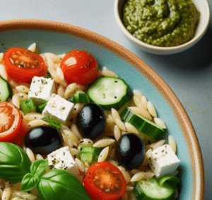 Griechische Kritharaki Salat mit Pesto