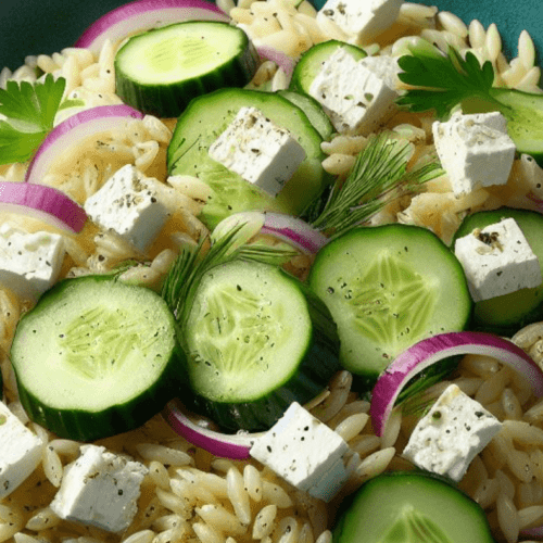 Kritharaki Salat mit Feta und Gurke