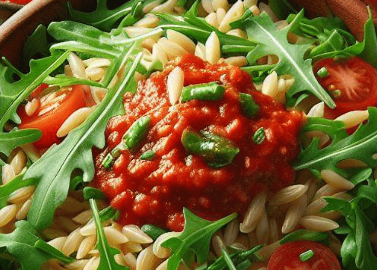 Kritharaki Salat mit Rucola Tomatenmark