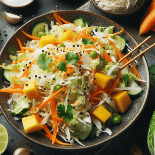 Asiatischer Salat mit Spitzkohl Möhren und Mango