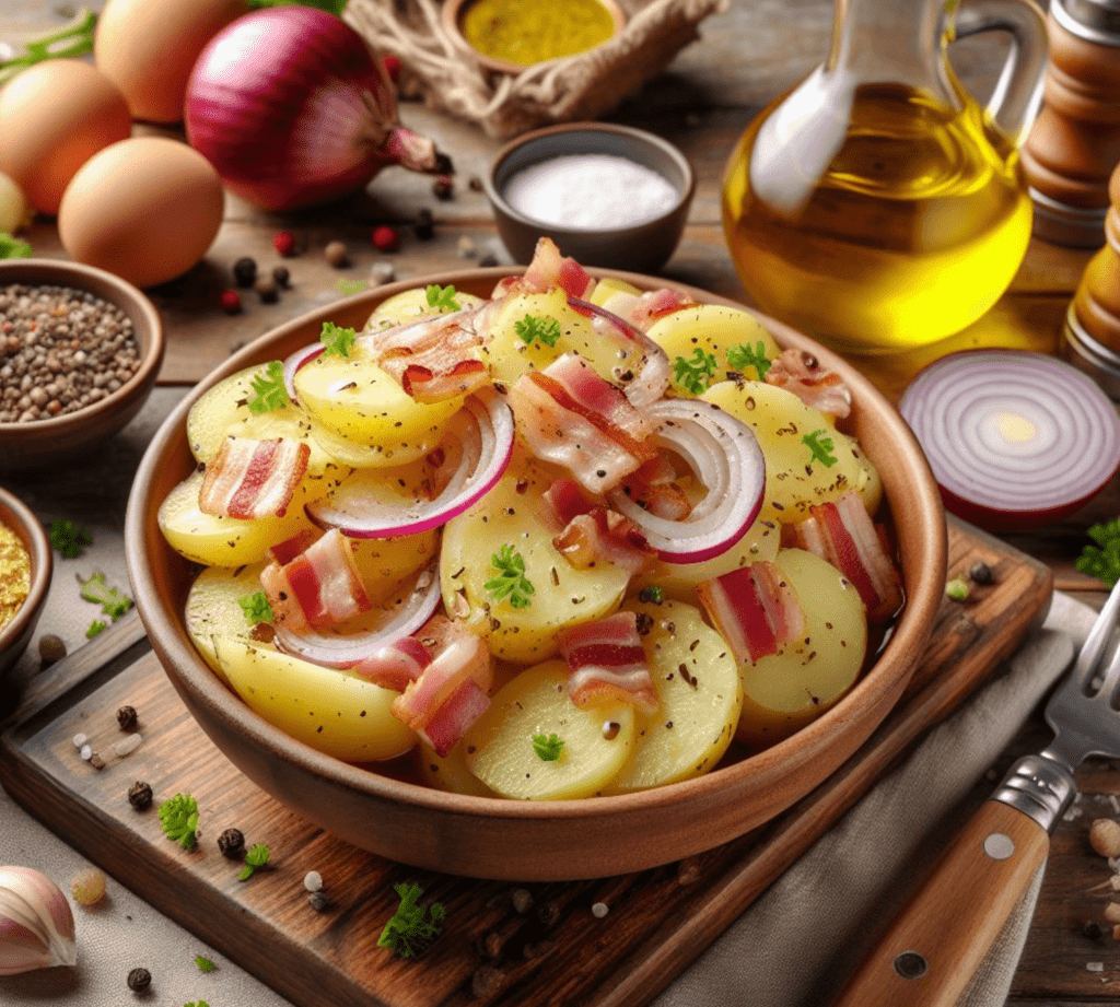 Bayrischer Kartoffelsalat mit Brühe und Speck