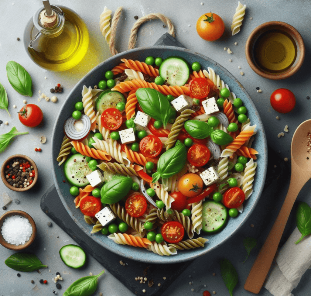 Bunter Nudelsalat mit Erbsen und Tomaten