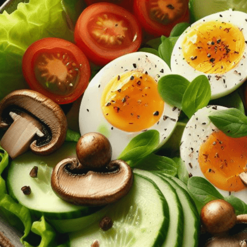 Grüner Salat mit Ei und Shiitake Pilze