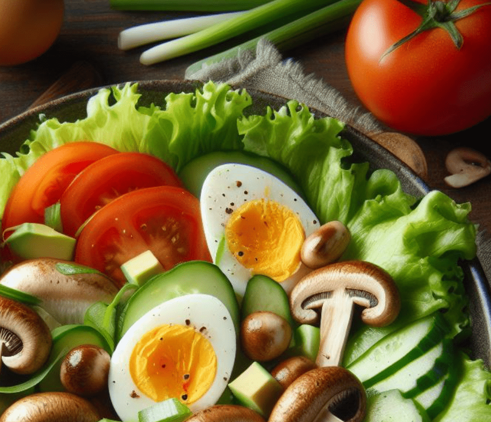 Grüner Salat mit Ei und Shiitake Pilze