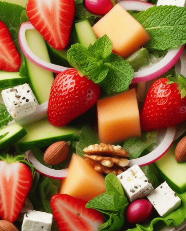Grüner Salat mit Erdbeeren und Melone