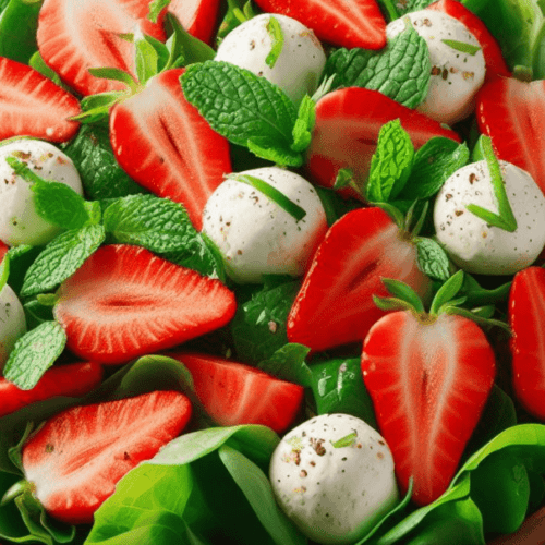 Grüner Salat mit Erdbeeren und Mozzarella