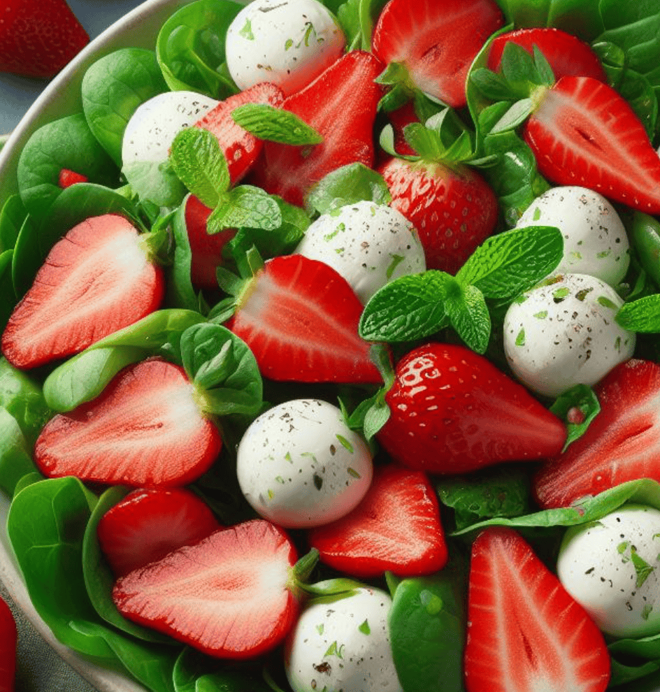 Grüner Salat mit Erdbeeren und Mozzarella