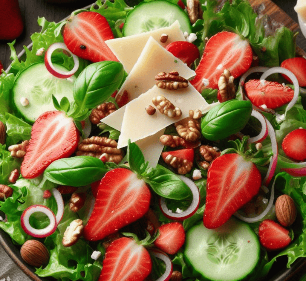 Grüner Salat mit Erdbeeren und Nüssen