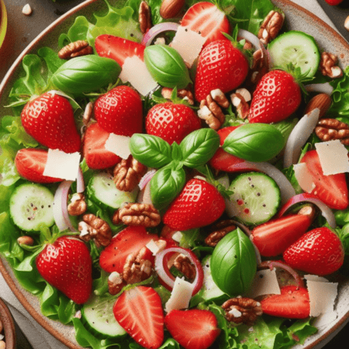 Grüner Salat mit Erdbeeren und Nüssen