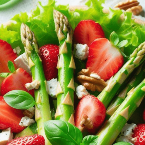 Grüner Salat mit Erdbeeren und Spargel