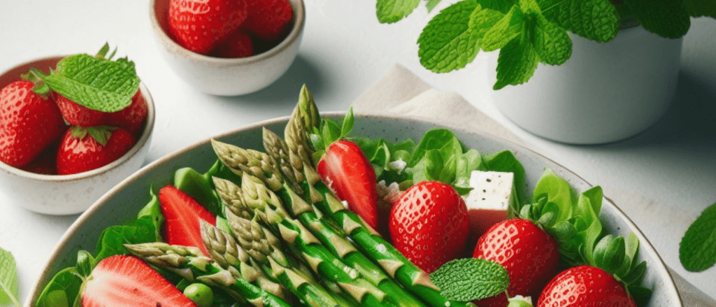 Grüner Salat mit Grünem Spargel und Erdbeeren