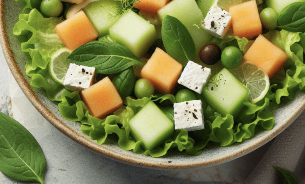 Grüner Salat mit Honigmelone und Feta
