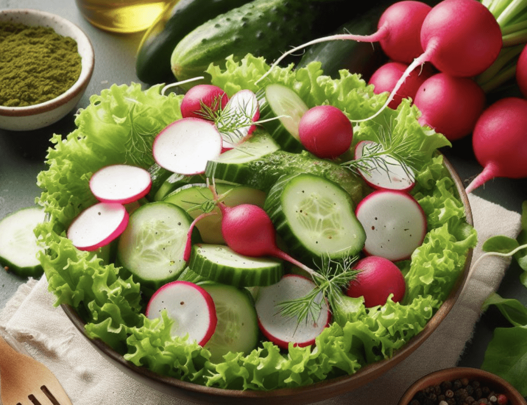 Grüner Salat mit Radieschen und Gurken