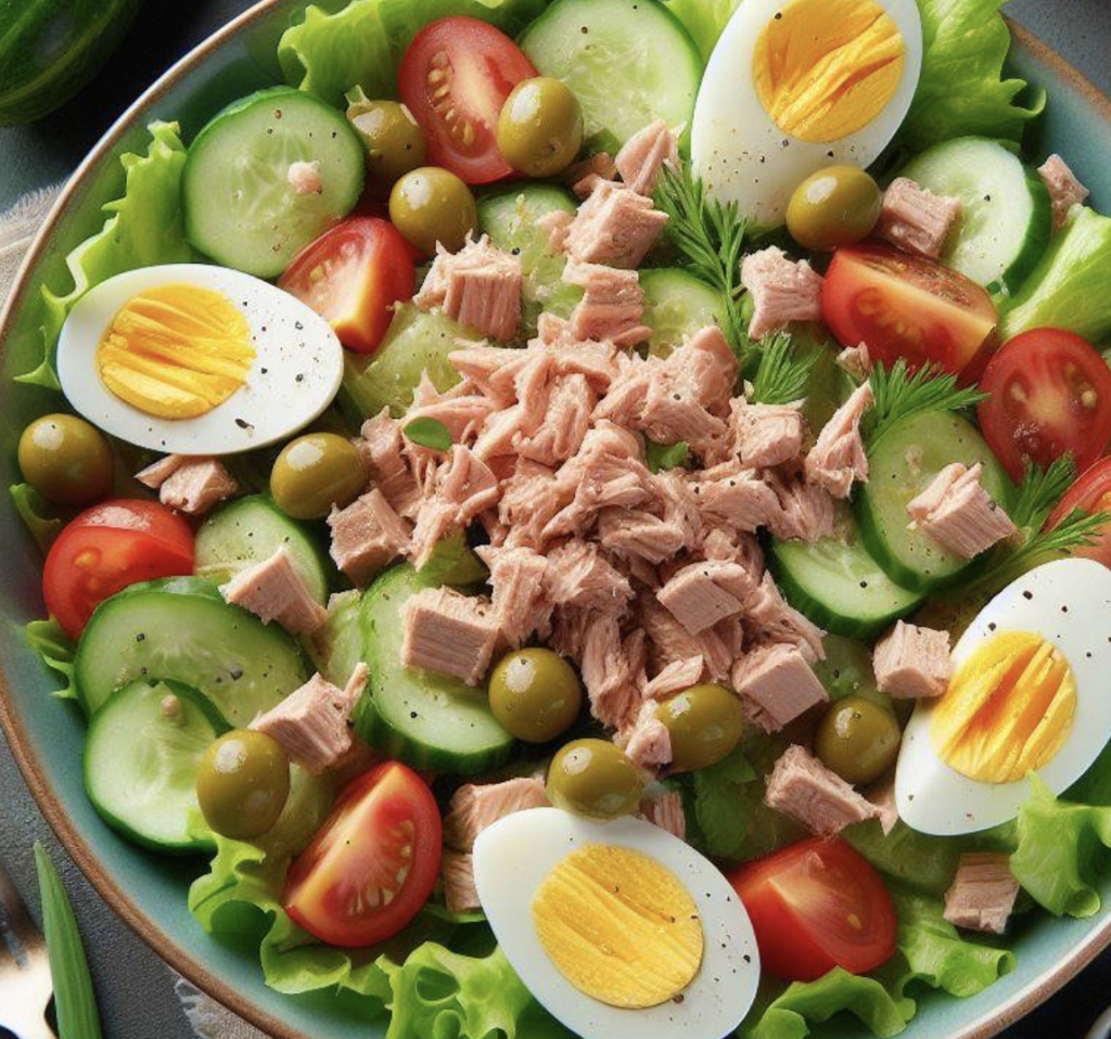 Grüner Salat mit Thunfisch und Ei