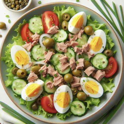 Grüner Salat mit Thunfisch und Ei