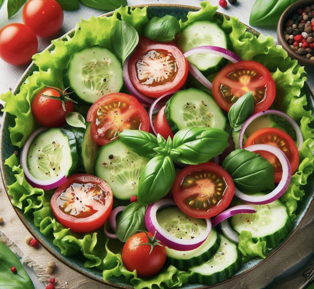 Grüner Salat mit Tomaten und Gurken