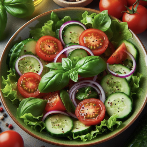 Grüner Salat mit Tomaten und Gurken