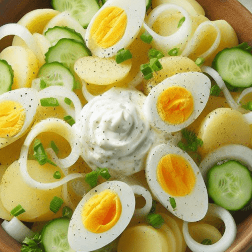 Kartoffelsalat mit Ei und Gurke und Mayo