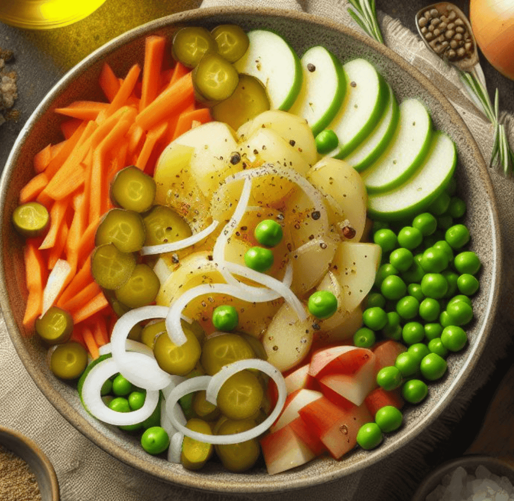 Kartoffelsalat mit Erbsen und Möhren