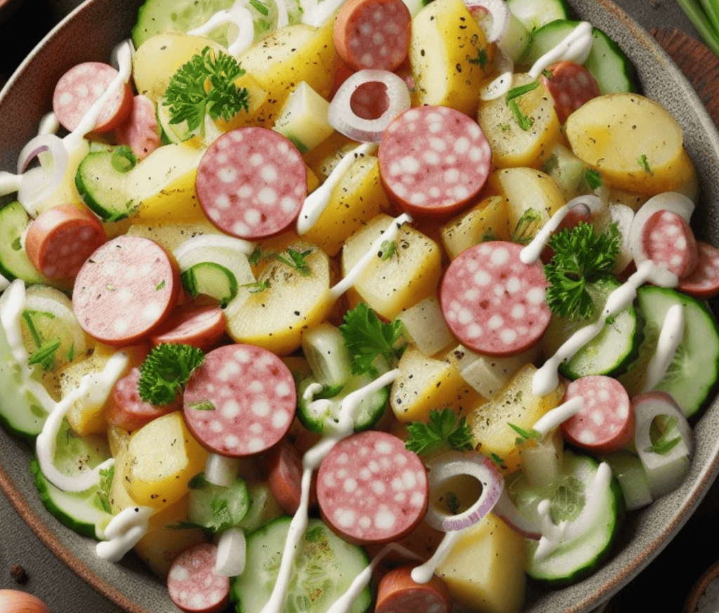 Kartoffelsalat mit Fleischwurst und Gurken