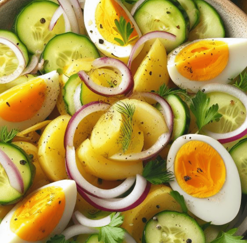 Kartoffelsalat mit Gurke und Ei Essig Öl