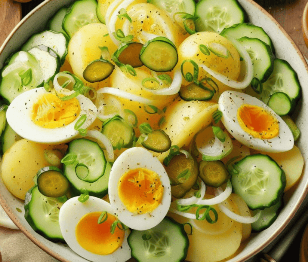 Kartoffelsalat ohne Mayonnaise mit Gurke und Ei