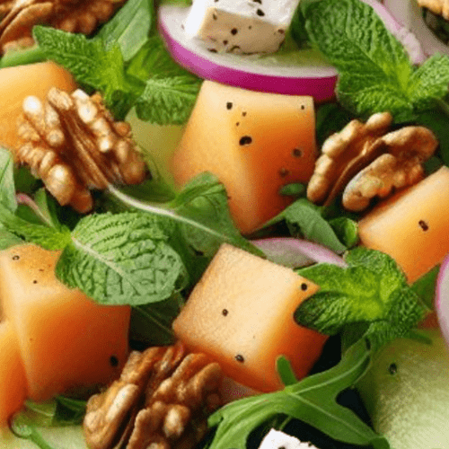 Melonen Feta Rucola Salat mit Walnüssen