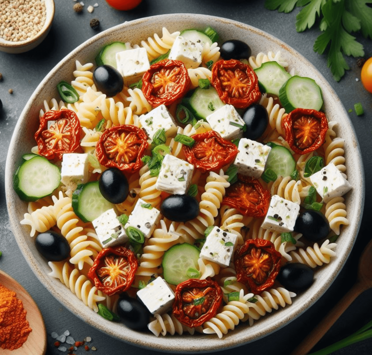 Nudelsalat mit Feta und Getrockneten Tomaten