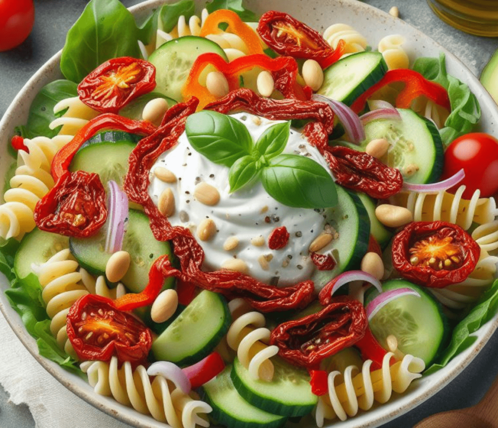 Nudelsalat mit Getrockneten Tomaten und Pinienkernen