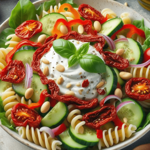 Nudelsalat mit Getrockneten Tomaten und Pinienkernen
