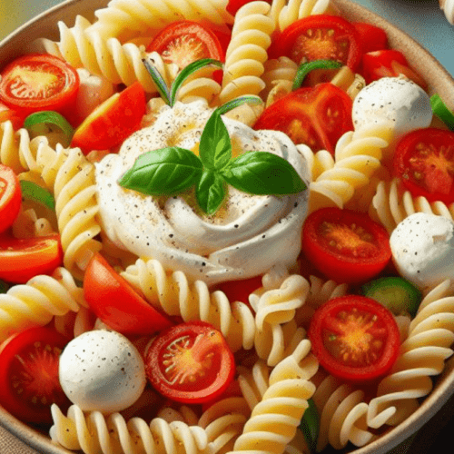 Nudelsalat mit Tomaten und Mozzarella