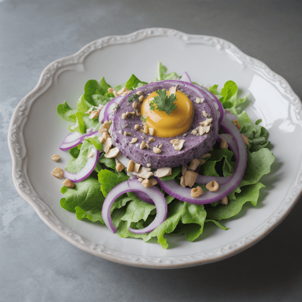 Salat mit Eigelb, roten Zwiebelringen, Nüssen und grünen Salatblättern