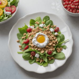 Spinatsalat mit Pinienkernen, Tomaten und pochiertem Ei
