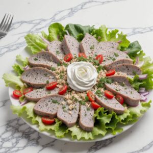 Frischer Salat mit Scheiben von gekochtem Schinken und cremigem Dressing