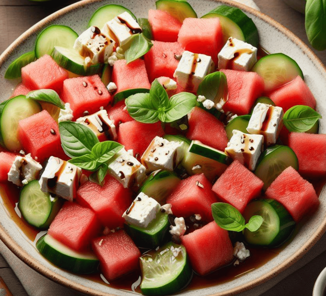 Wassermelone Feta Gurke Salat Ahornsirup
