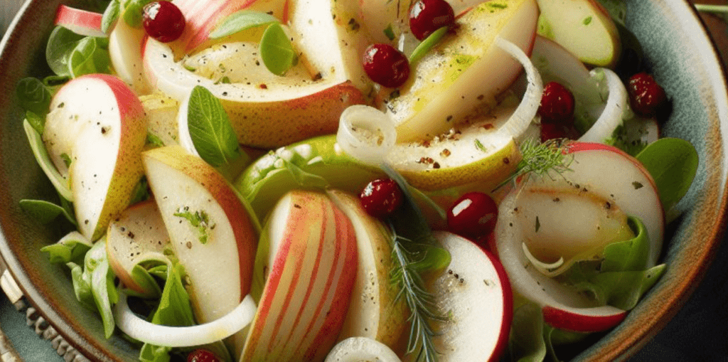 Apfel Birne Lauch Salat mit Essig Öl Dressing