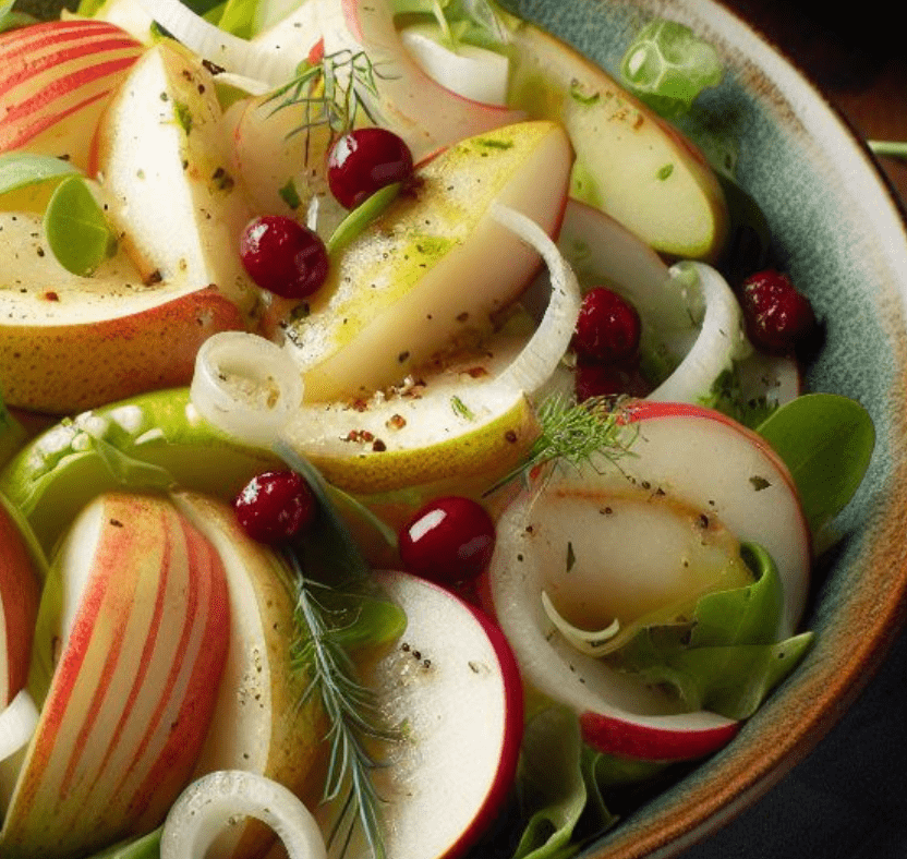 Apfel Birne Lauch Salat mit Essig Öl Dressing