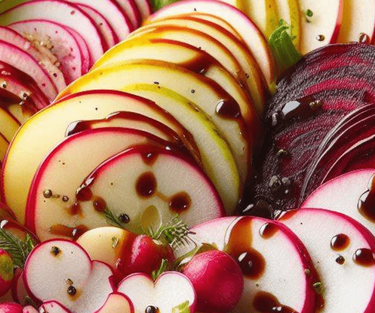 Apfel-Birnen-Salat Radieschen und Rote Bete-Haselnusspüree