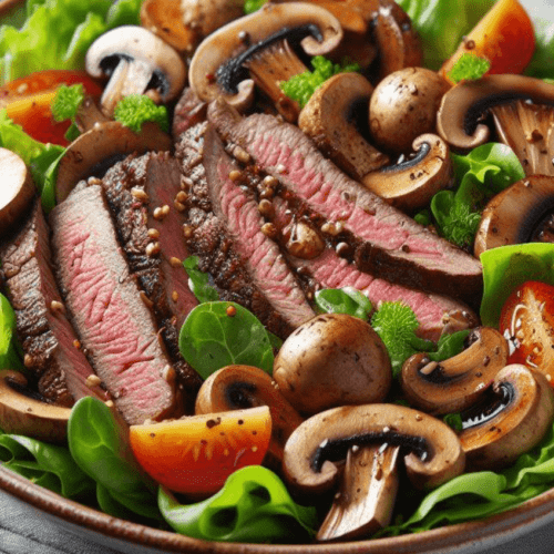 Braune Champignons Salat mit Steakstreifen