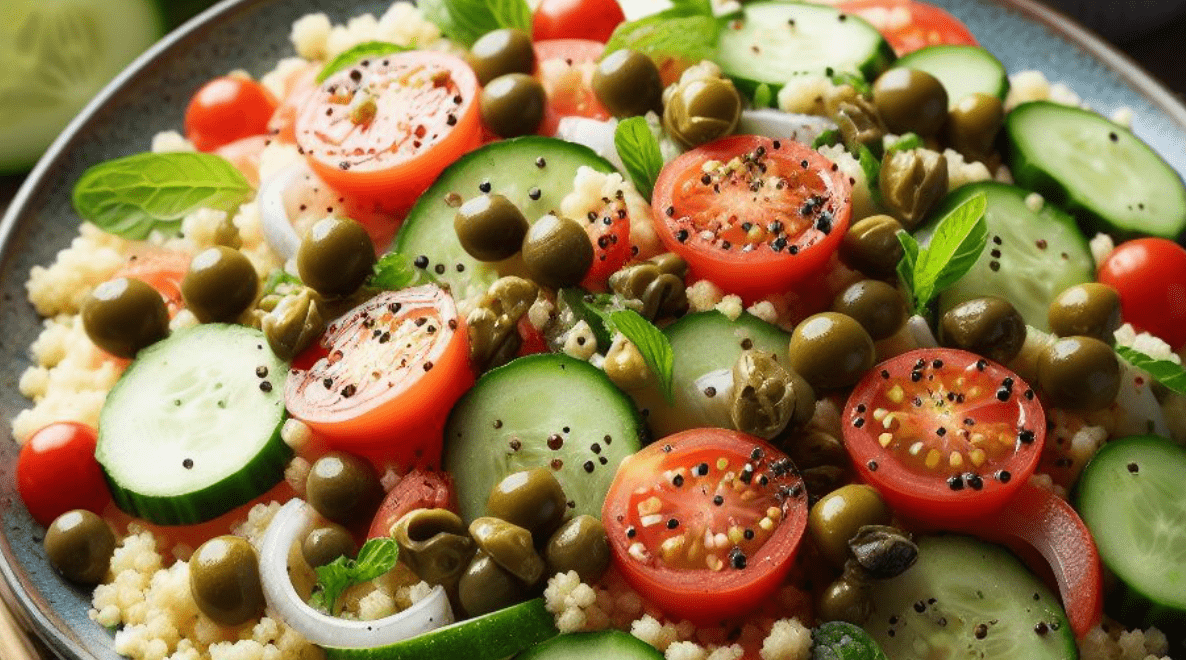 Couscous Salat mit Kapern Gurke Tomate