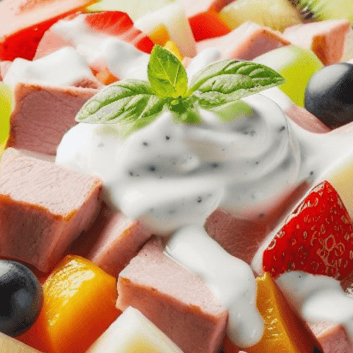 Salat mit Fleischsalat und Früchten