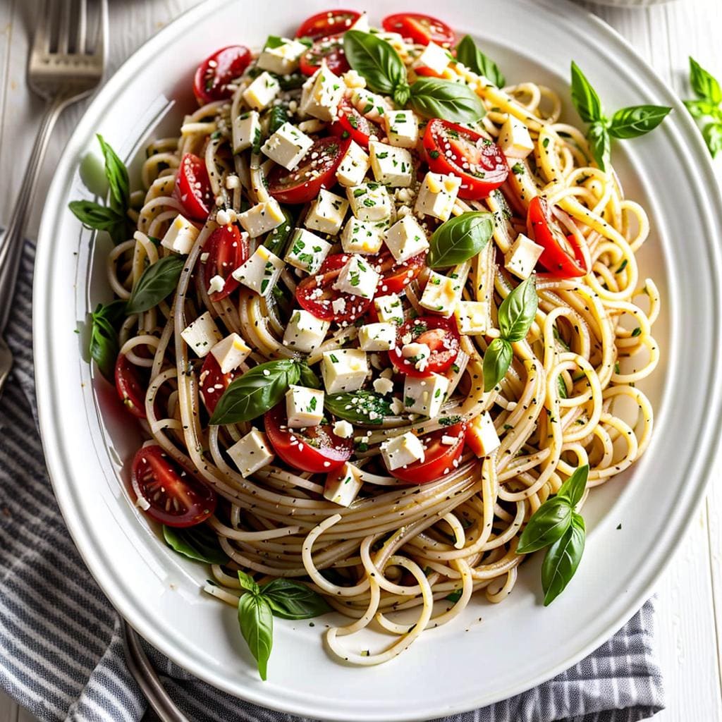 Spaghetti Salat mit Feta und Knoblauch