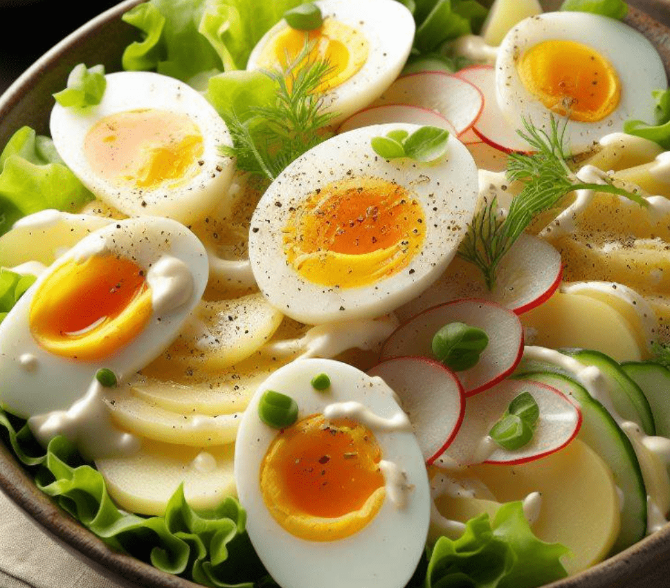 Rezept mit Kartoffel Ei Grünen Salat und Naturjoghurt